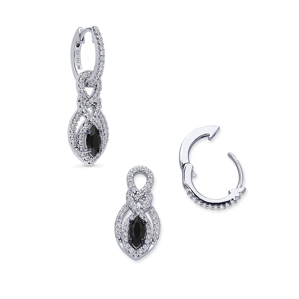 Angle view of Black and White Woven CZ Dangle Earrings in Sterling Silver