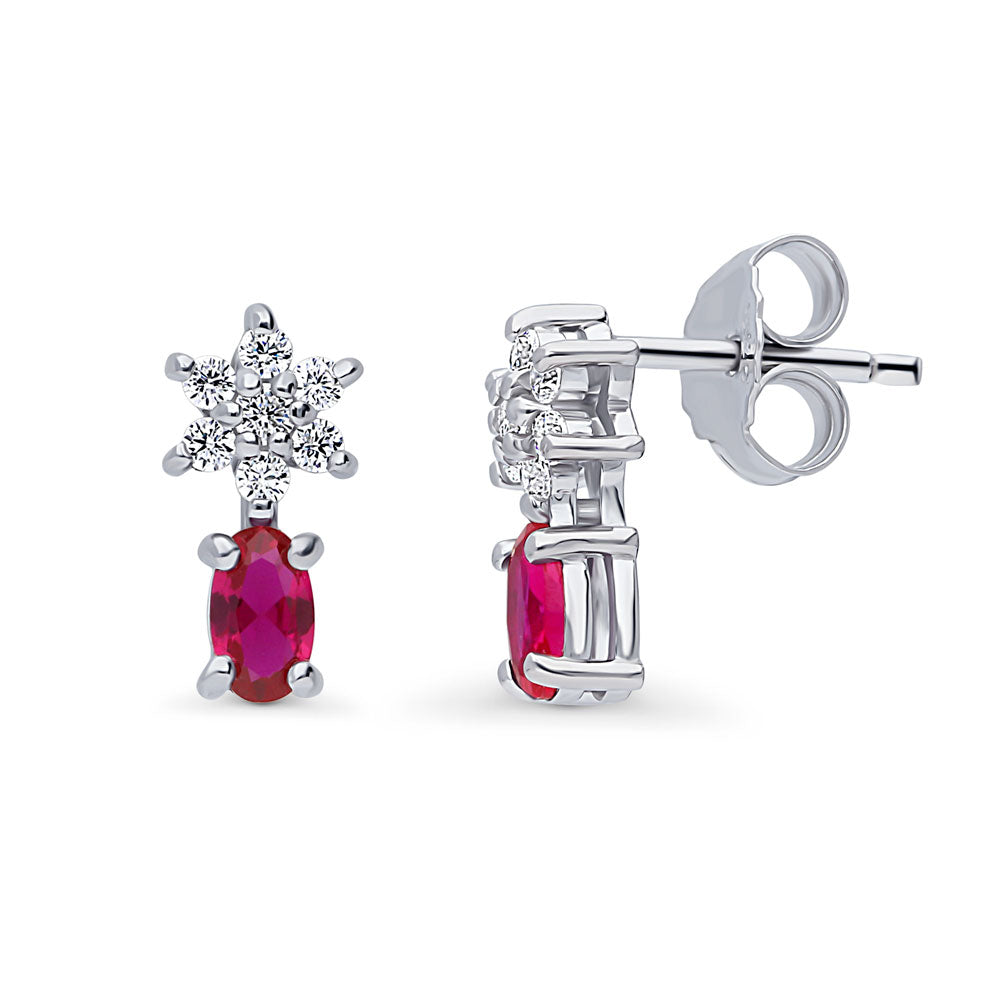 Flower Simulated Ruby CZ Stud Earrings in Sterling Silver