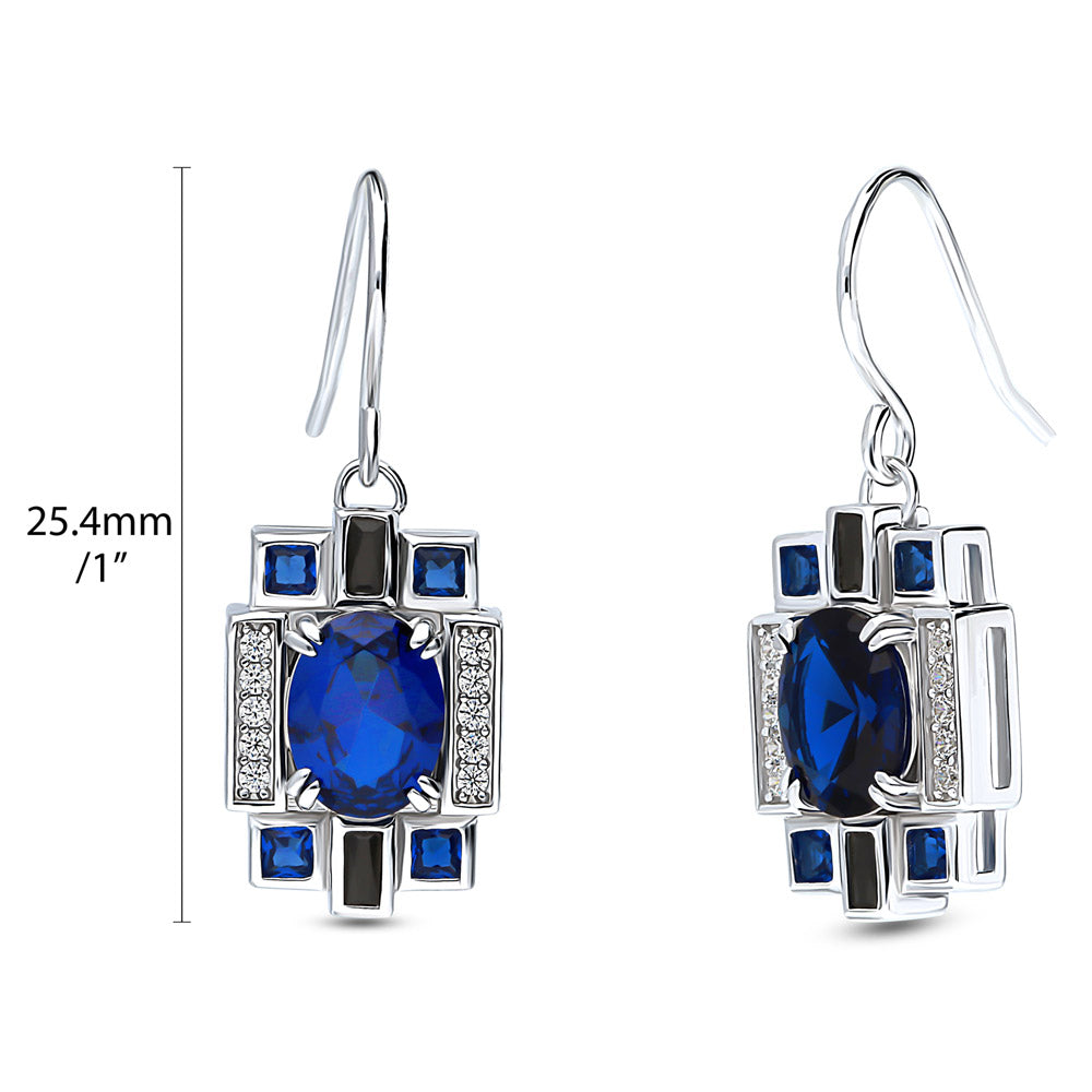 Front view of Art Deco Simulated Blue Sapphire CZ Dangle Earrings in Sterling Silver