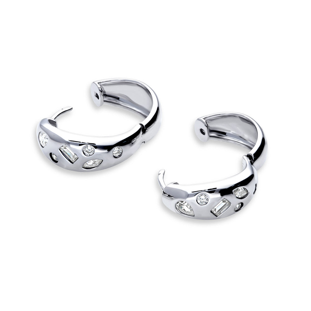 Angle view of Dome CZ Medium Hoop Earrings in Sterling Silver 0.77 inch