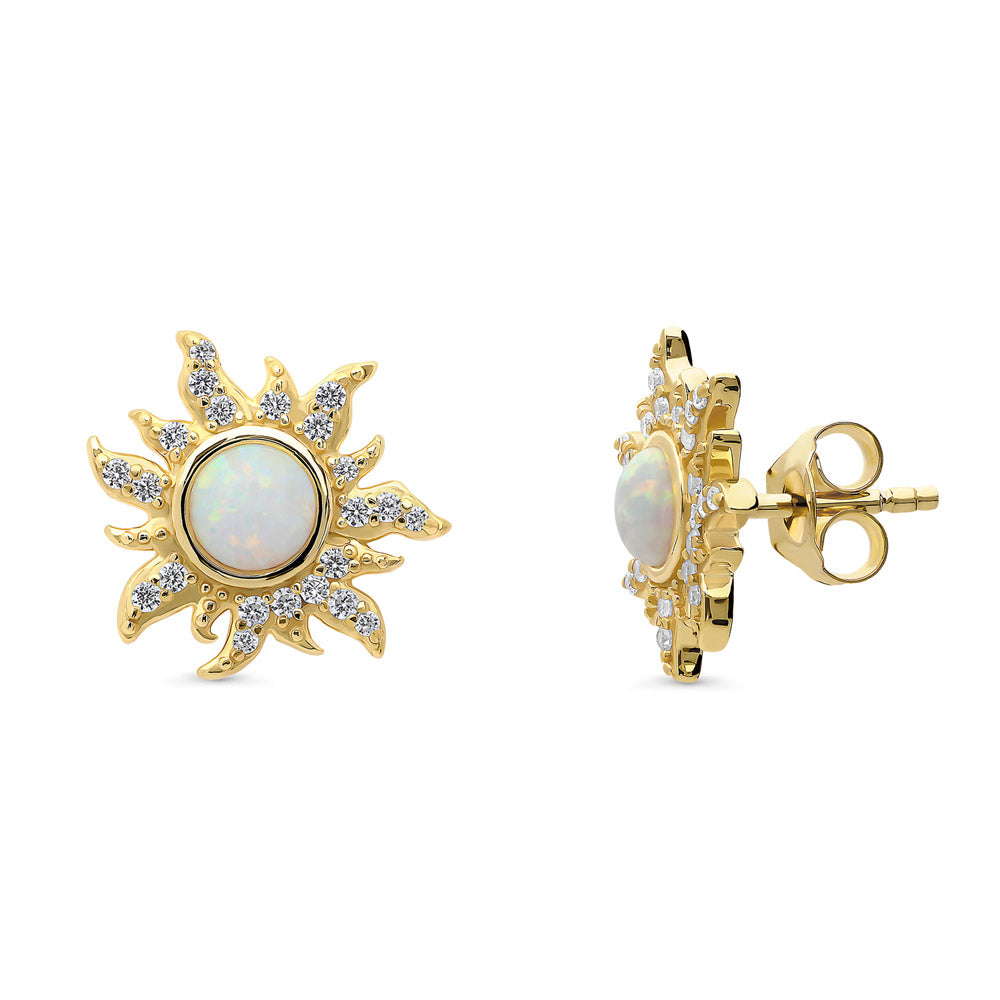 Halo Sun Simulated Opal Round CZ Set in Gold Flashed Sterling Silver, 4 of 12