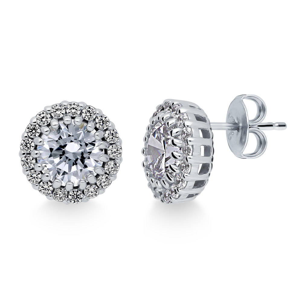 Halo Round CZ Stud Earrings in Sterling Silver, 1 of 4