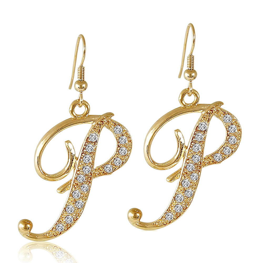 Initial Letter Fish Hook Earrings Gold-Tone, P