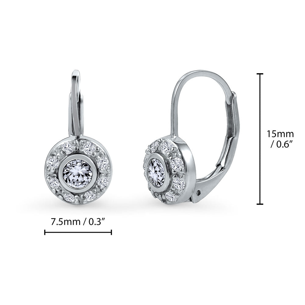 Front view of Halo Round CZ Leverback Dangle Earrings in Sterling Silver
