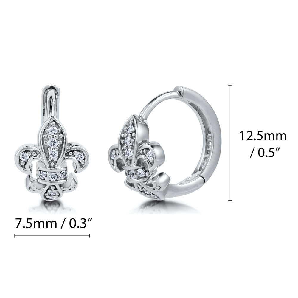 Angle view of Fleur De Lis CZ Small Huggie Earrings in Sterling Silver 0.5 inch