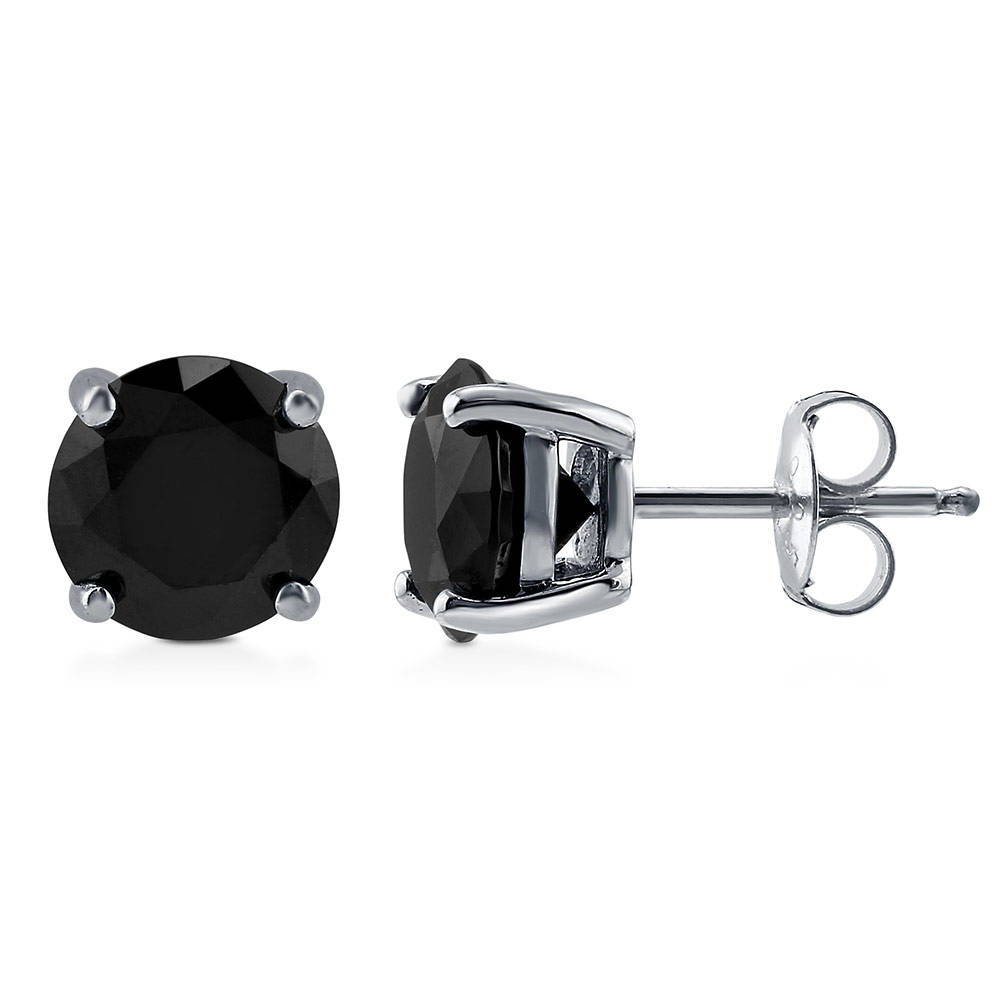 Solitaire Black Round CZ Stud Earrings in Sterling Silver 2.5ct, 1 of 3