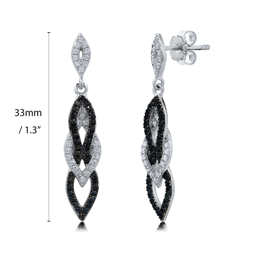 Angle view of Black and White CZ Dangle Earrings in Sterling Silver