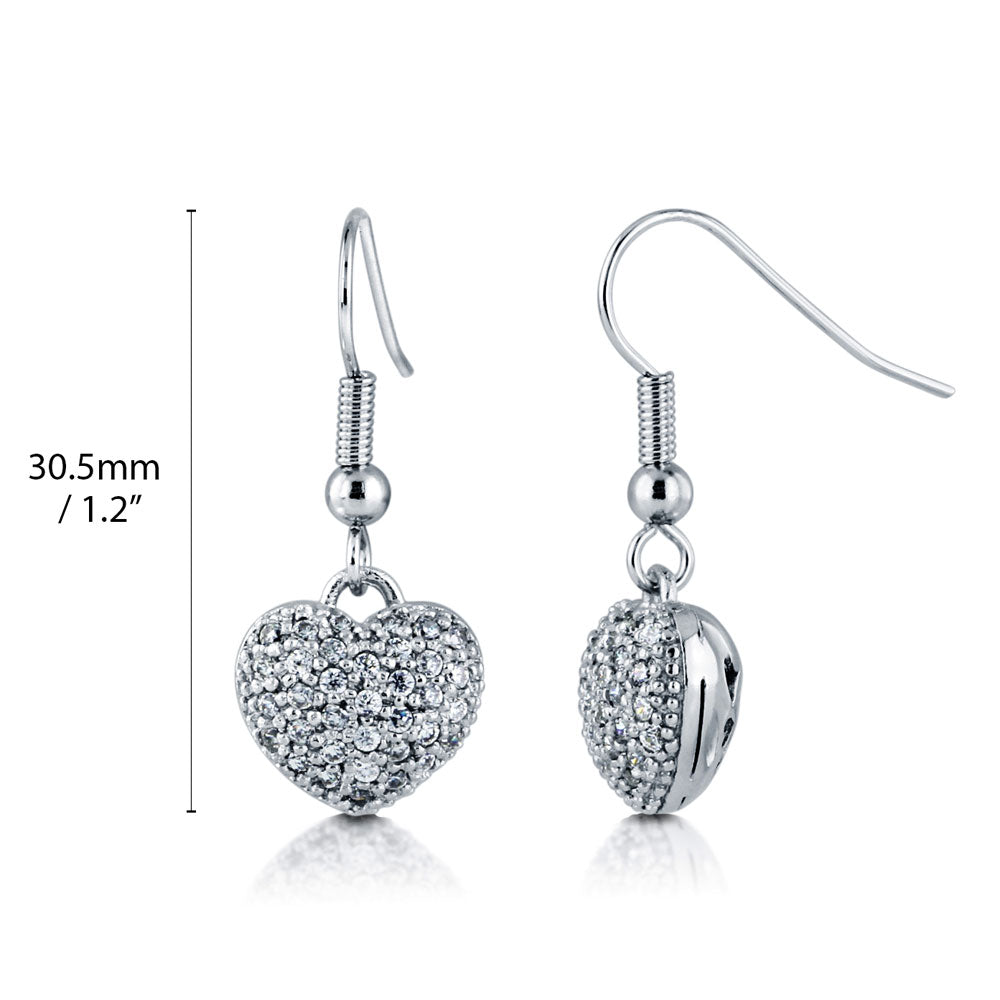 Heart CZ Fish Hook Dangle Earrings in Silver-Tone, front view