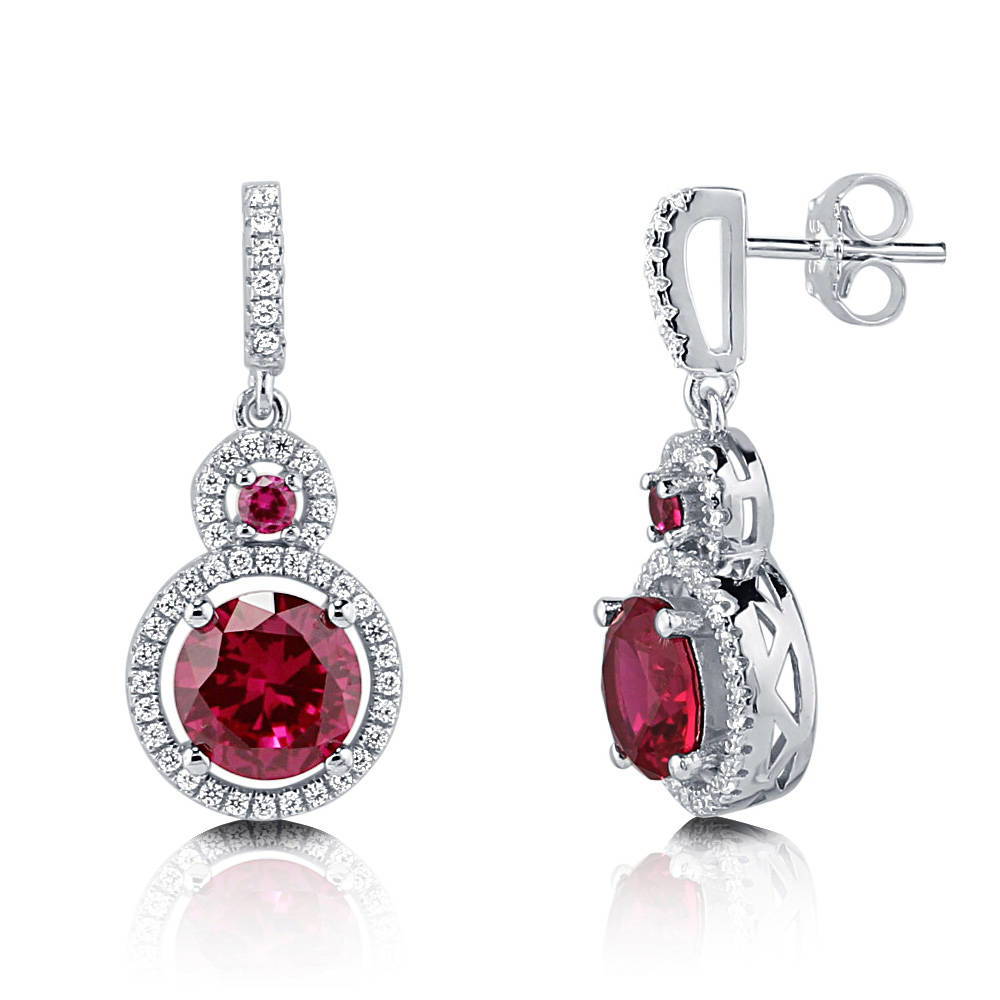 Halo Simulated Ruby Round CZ Dangle Earrings in Sterling Silver, 1 of 3
