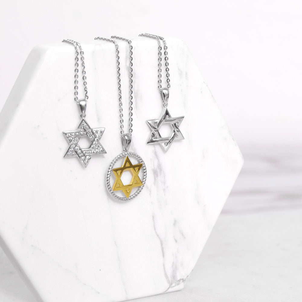 Flatlay view of Star of David CZ Pendant Necklace in Sterling Silver