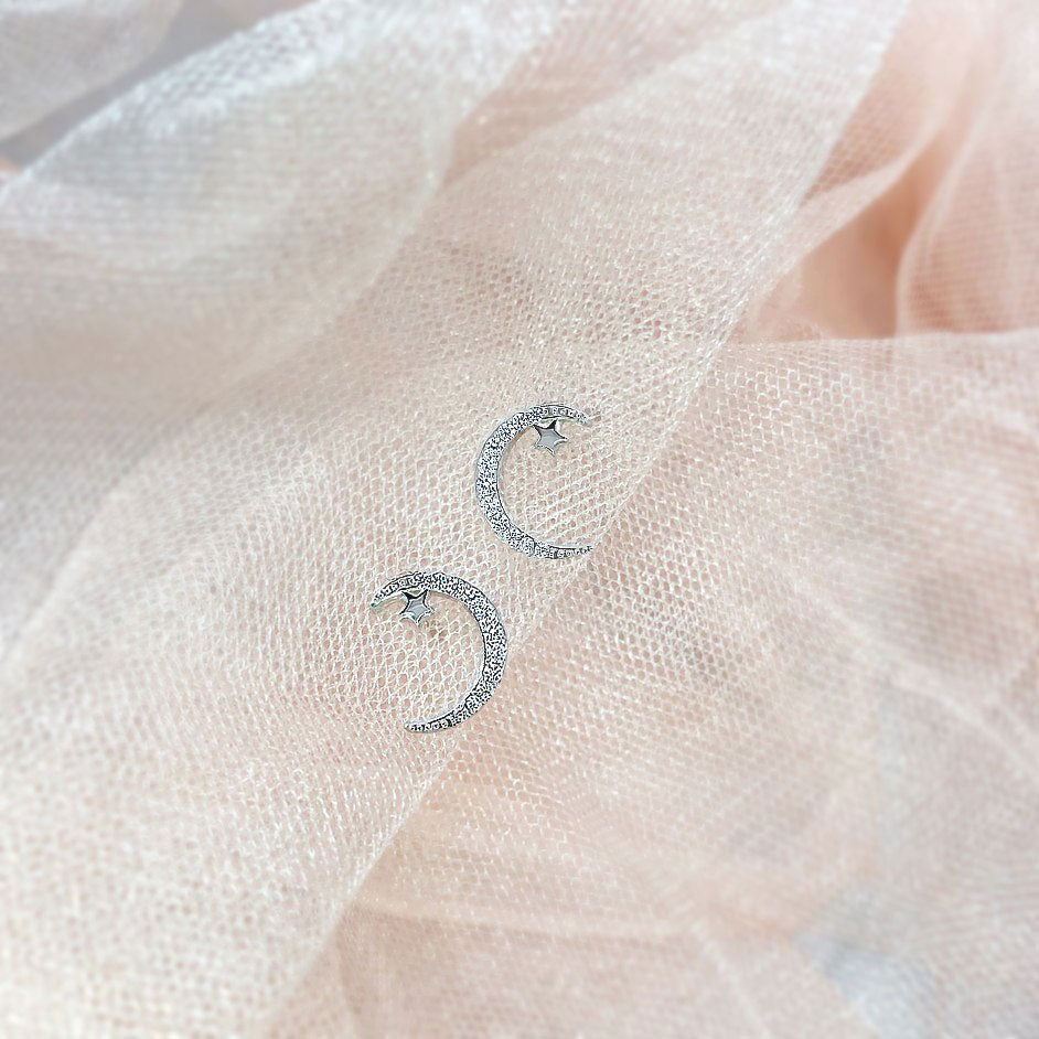 Star Crescent Moon CZ Stud Earrings in Sterling Silver