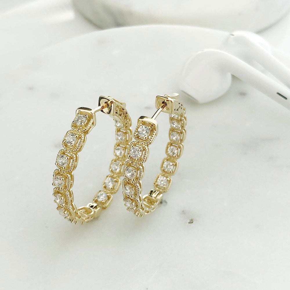 Oval CZ Medium Inside-Out Hoop Earrings in Sterling Silver 1.2"