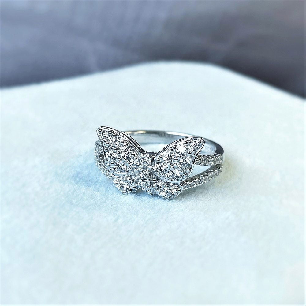 Flatlay view of Butterfly CZ Ring in Sterling Silver