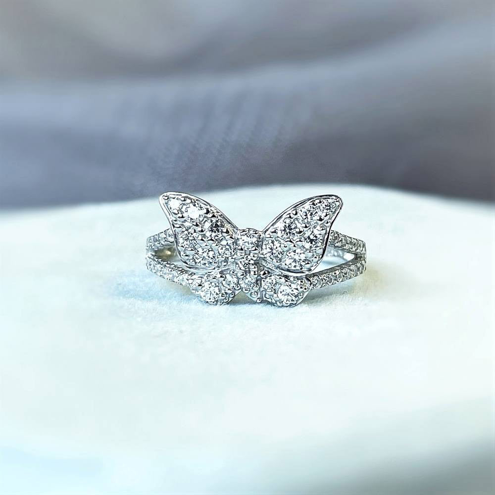 Flatlay view of Butterfly CZ Ring in Sterling Silver