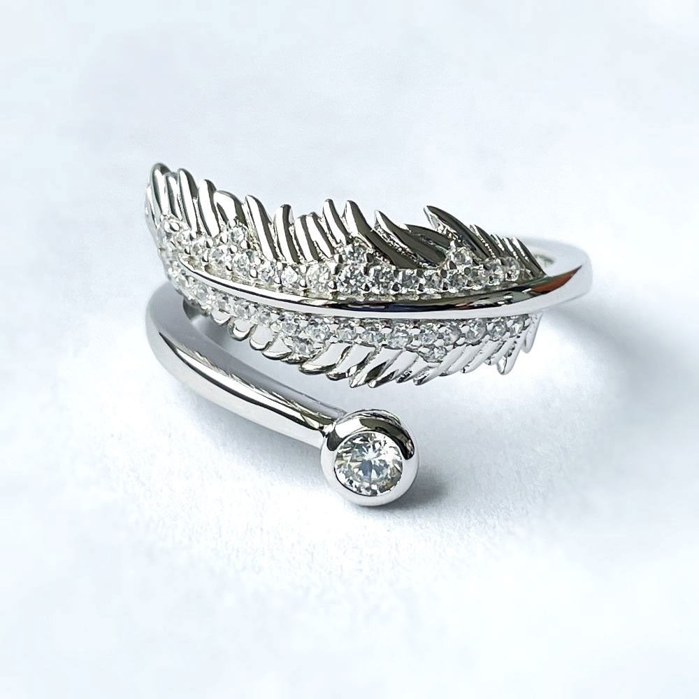 Flatlay view of Feather Bypass CZ Ring in Sterling Silver, 9 of 10