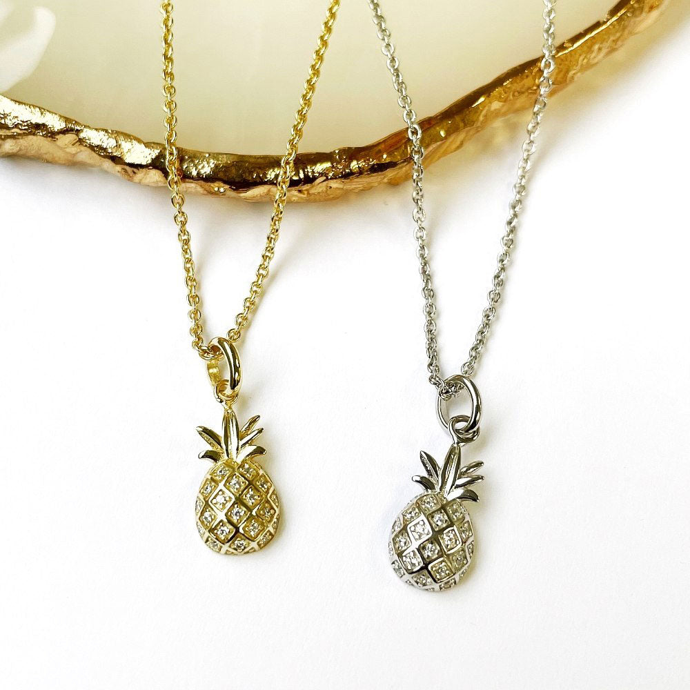 Flatlay view of Pineapple CZ Pendant Necklace in Gold Flashed Sterling Silver, 3 of 7