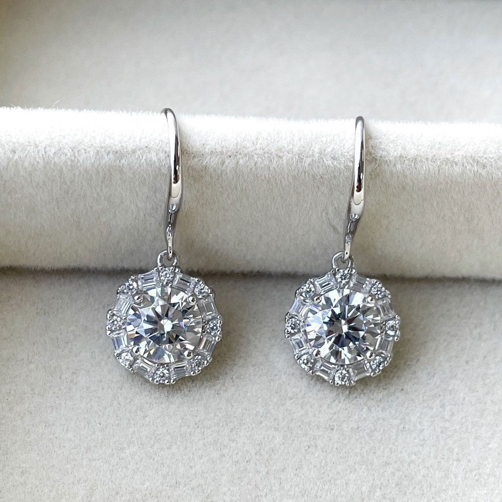 Halo Art Deco Round CZ Fish Hook Dangle Earrings in Sterling Silver