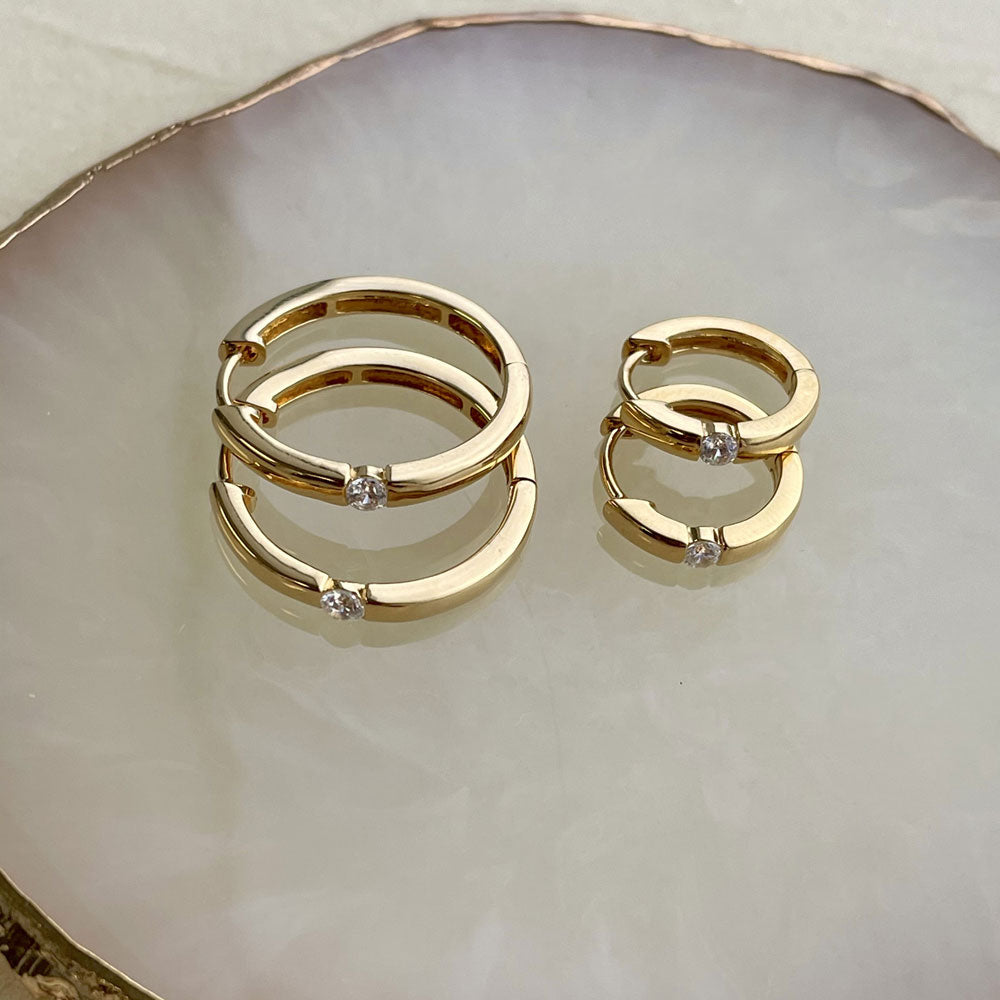 Flatlay view of Solitaire Round CZ Hoop Earrings in Gold Flashed Sterling Silver 0.12ct, 8 of 11