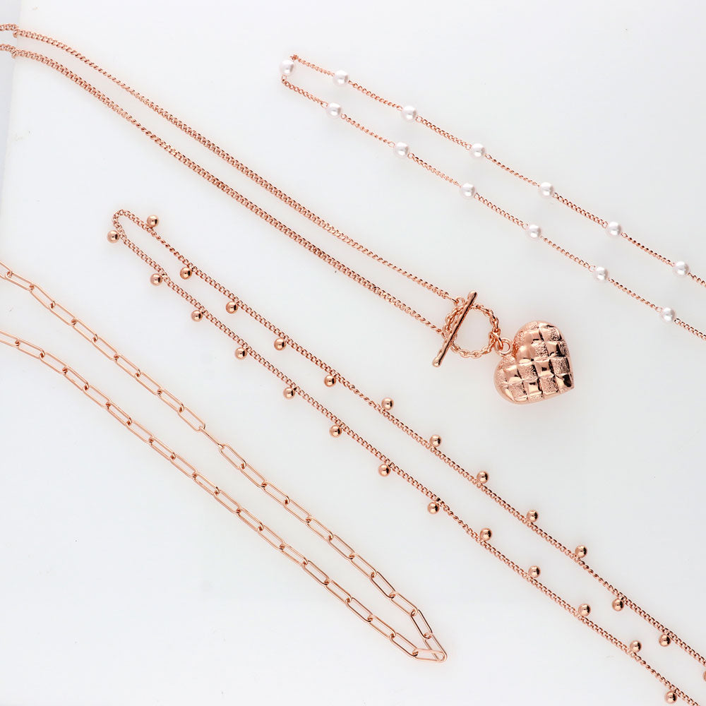 Flatlay view of Paperclip Bead Chain Necklace in Rose Gold Flashed Base Metal, 2 Piece