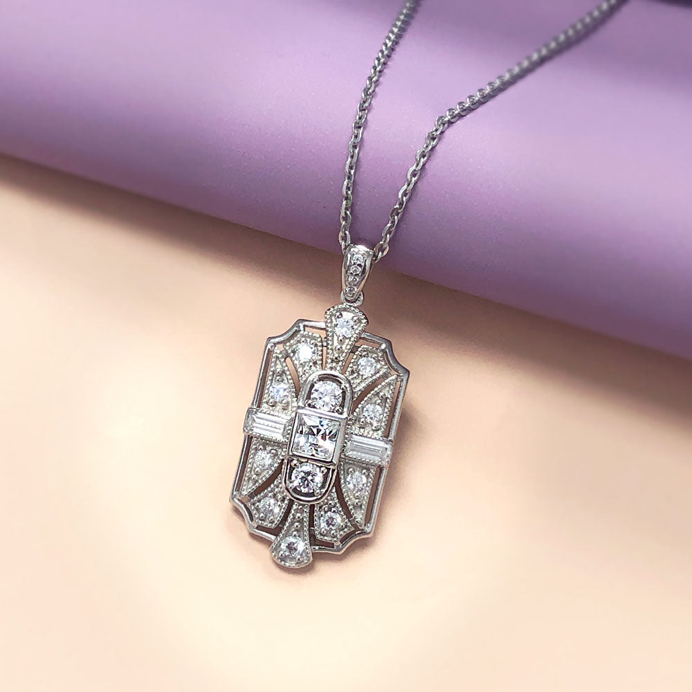 Art Deco Milgrain CZ Pendant Necklace in Sterling Silver
