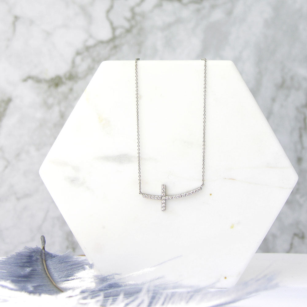 Sideways Cross CZ Pendant Necklace in Sterling Silver