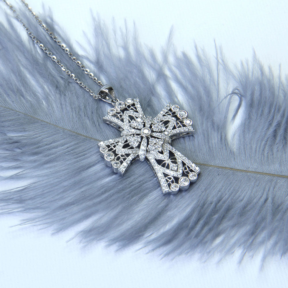 Flatlay view of Cross CZ Statement Pendant Necklace in Sterling Silver