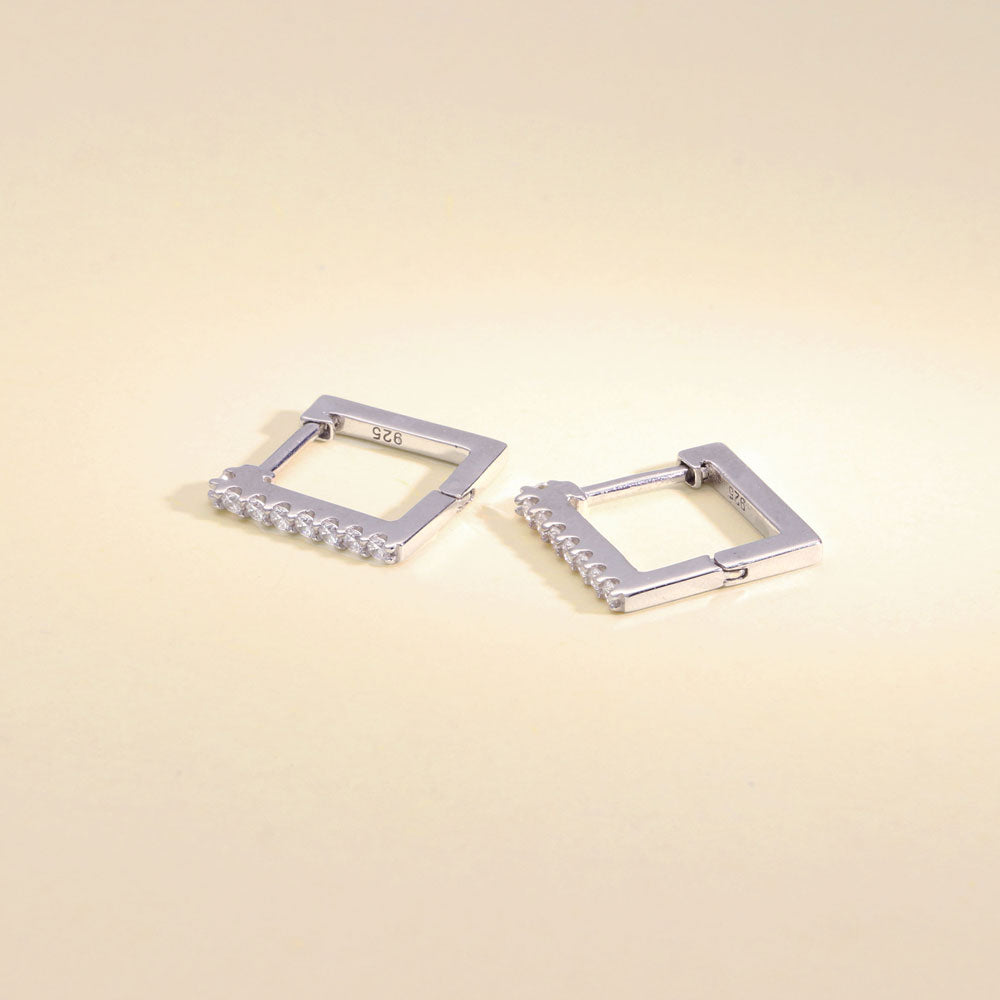 Flatlay view of Rectangle CZ Mini Hoop Earrings in Sterling Silver 0.46 inch, 10 of 12