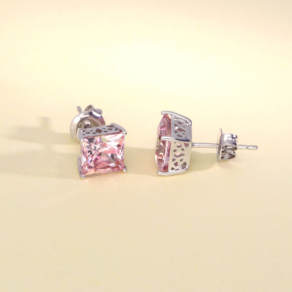 Solitaire Morganite Color Princess CZ Stud Earrings in Sterling Silver