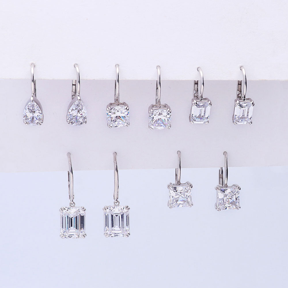 Flatlay view of Solitaire 4ct Princess CZ Leverback Dangle Earrings in Sterling Silver