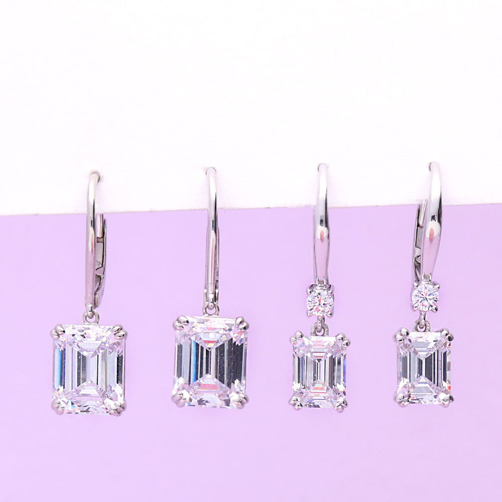 Flatlay view of Solitaire 7.6ct Emerald Cut CZ Leverback Earrings in Sterling Silver