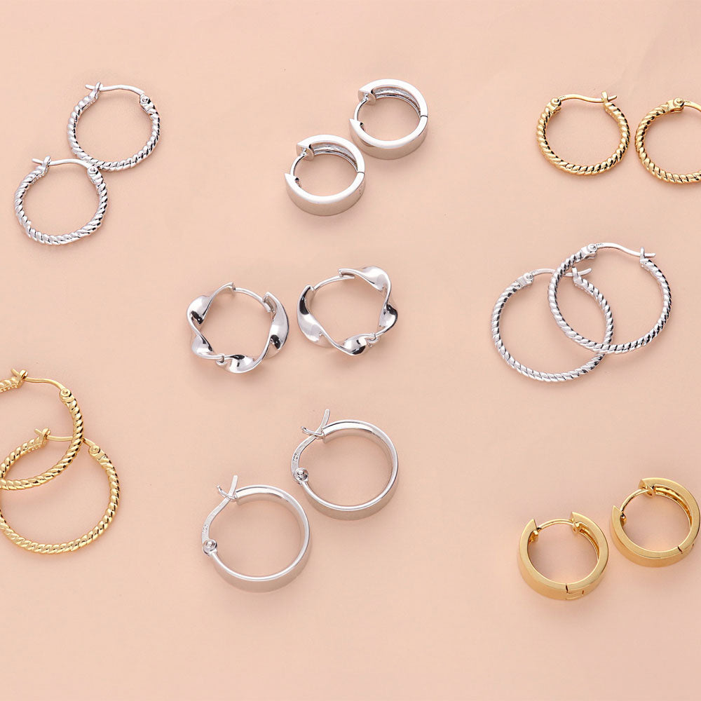 Flatlay view of Cable Hoop Earrings in Gold Flashed Sterling Silver, 2 Pairs