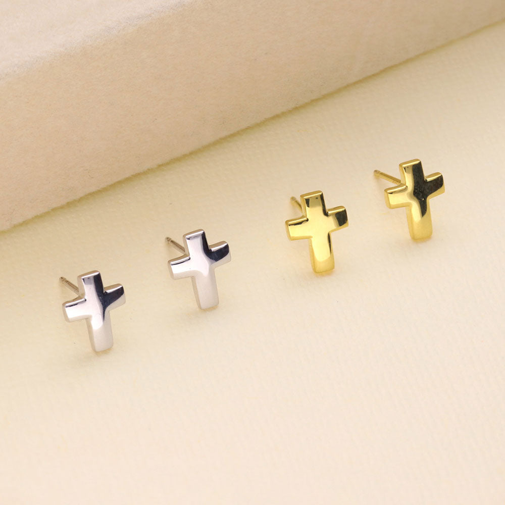 Flatlay view of Cross Stud Earrings in Sterling Silver
