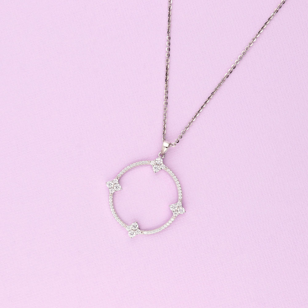 Open Circle Flower CZ Pendant Necklace in Sterling Silver