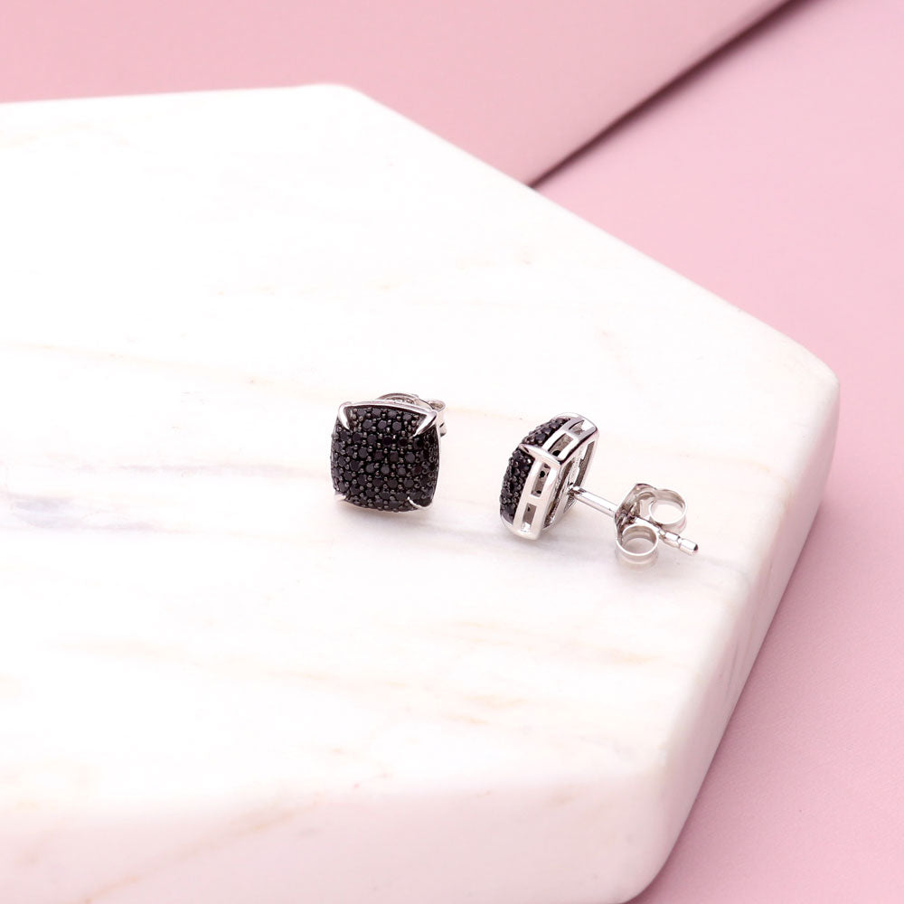 Flatlay view of Square Black CZ Necklace and Earrings Set in Sterling Silver, 10 of 12