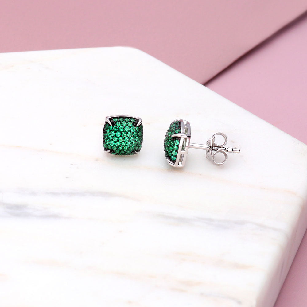 Flatlay view of Square Green CZ Necklace and Earrings Set in Sterling Silver, 10 of 12