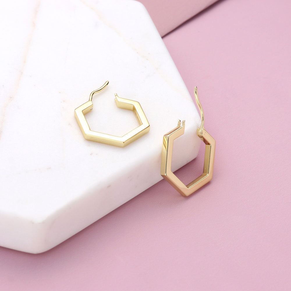 Hexagon Medium Hoop Earrings in Sterling Silver 0.79"