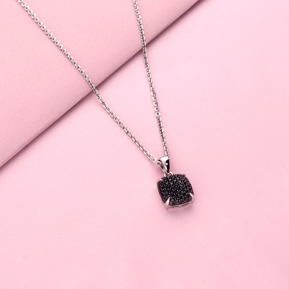 Flatlay view of Square Black CZ Necklace and Earrings Set in Sterling Silver, 7 of 12
