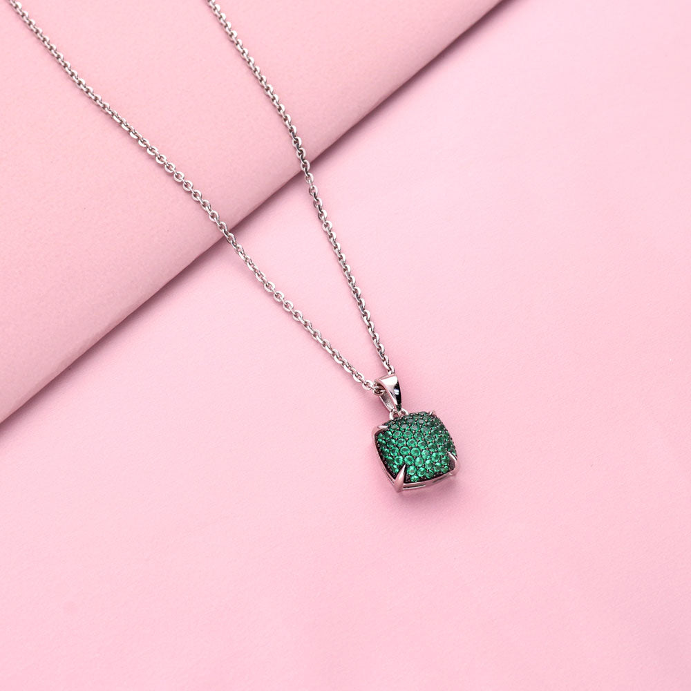 Flatlay view of Square Green CZ Necklace and Earrings Set in Sterling Silver, 7 of 12