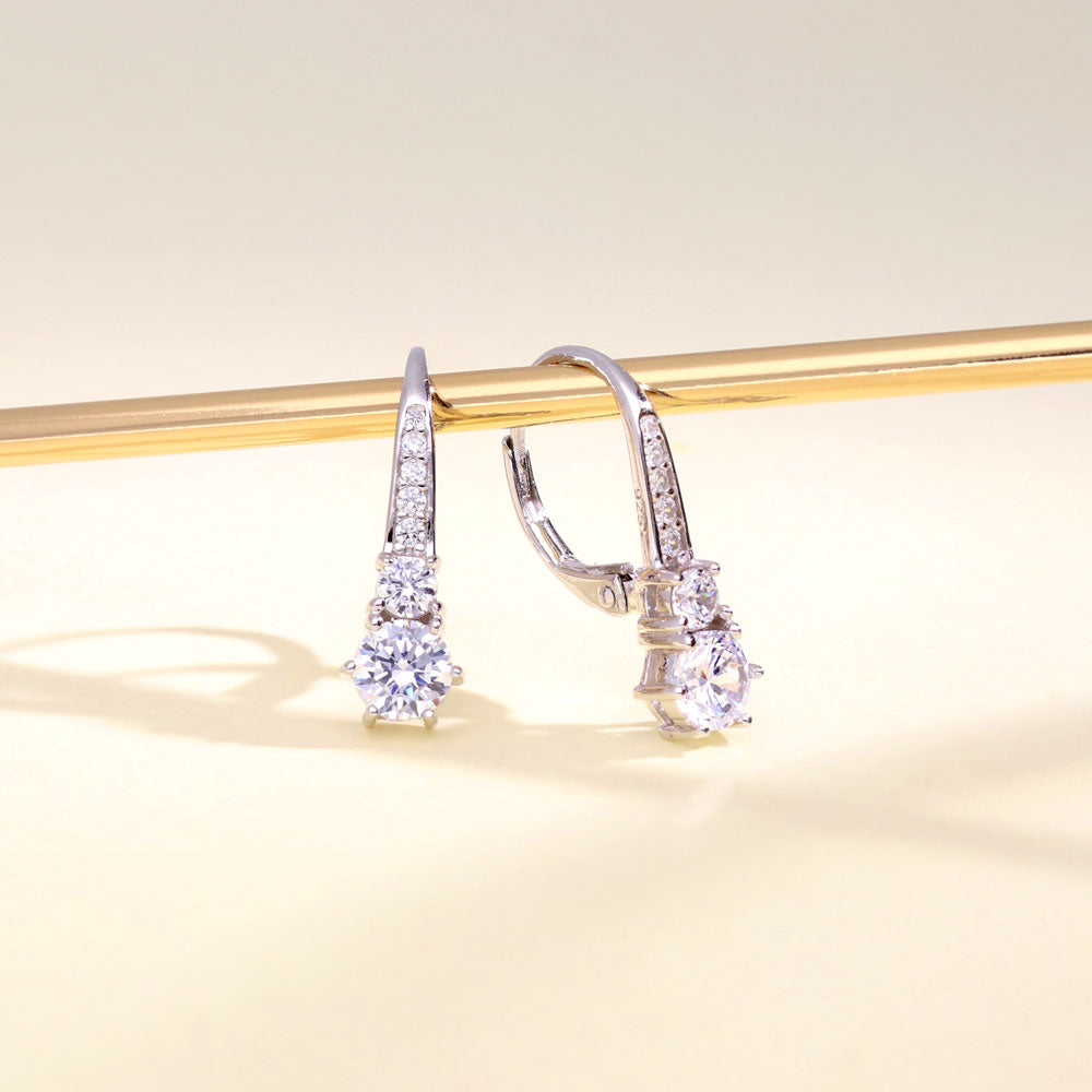 Flatlay view of CZ Leverback Dangle Earrings in Sterling Silver