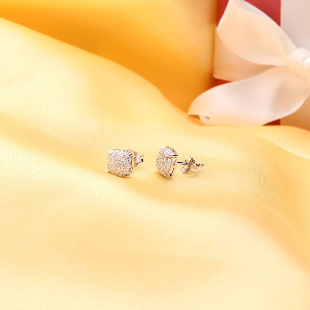 Flatlay view of Square CZ Stud Earrings in Sterling Silver