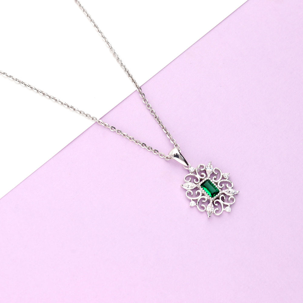 Flatlay view of Art Deco Filigree CZ Pendant Necklace in Sterling Silver