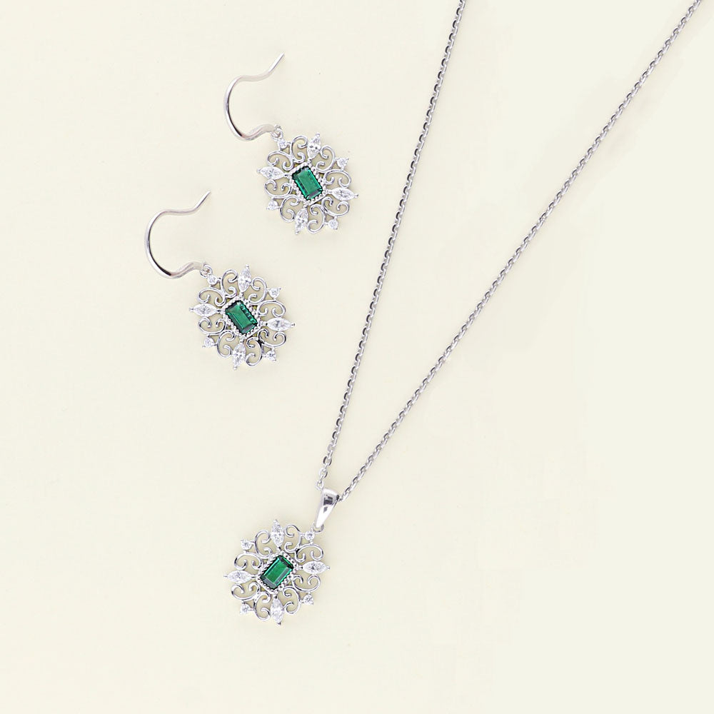 Flatlay view of Art Deco Filigree Green CZ Necklace and Earrings Set in Sterling Silver