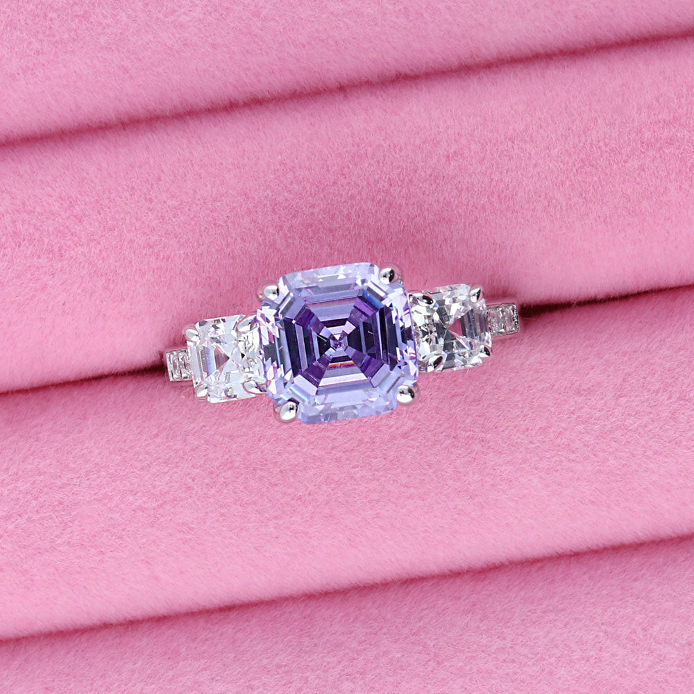 Flatlay view of 3-Stone Purple Asscher CZ Statement Ring in Sterling Silver