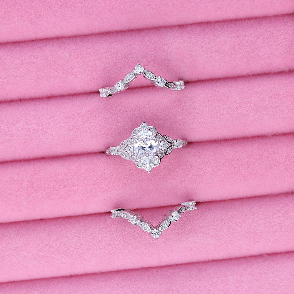 Flatlay view of Chevron Halo CZ Ring Set in Sterling Silver