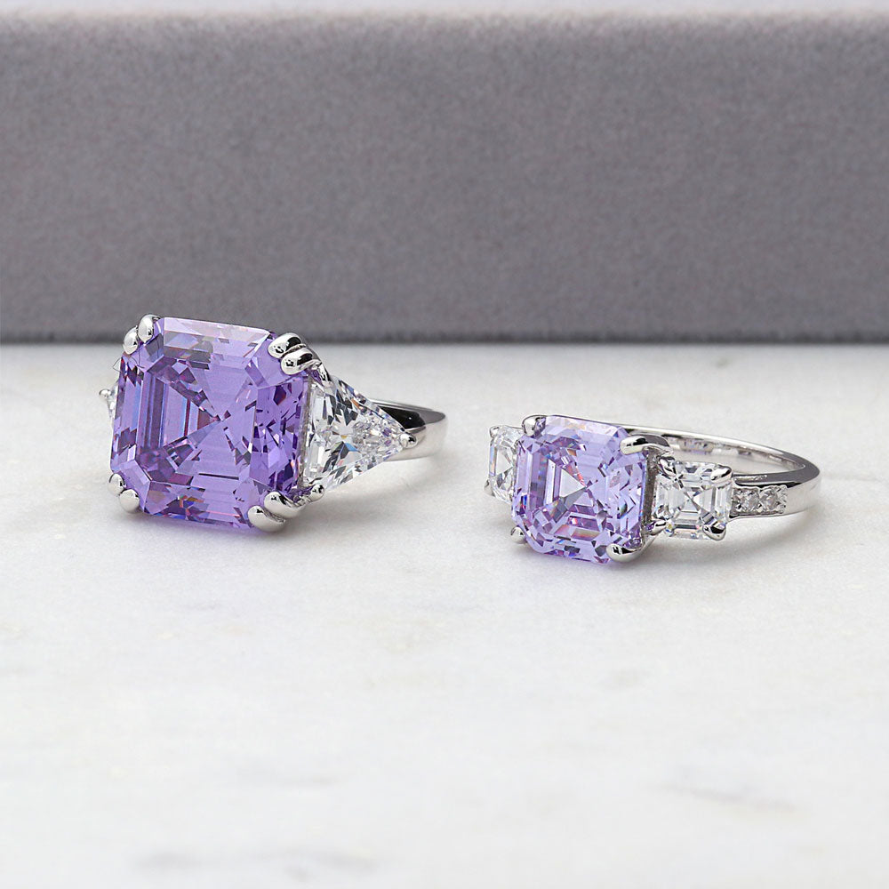 Flatlay view of 3-Stone Purple Asscher CZ Statement Ring in Sterling Silver
