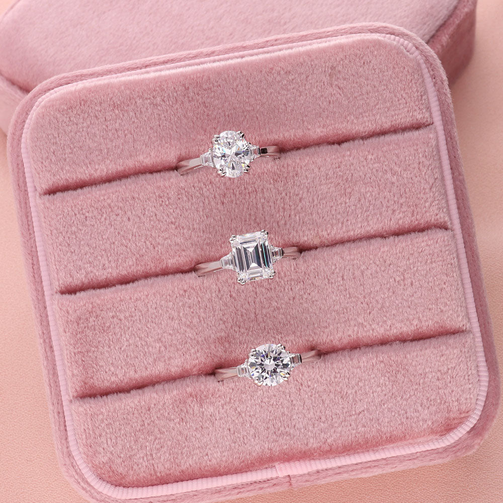 Flatlay view of 3-Stone Emerald Cut CZ Ring in Sterling Silver