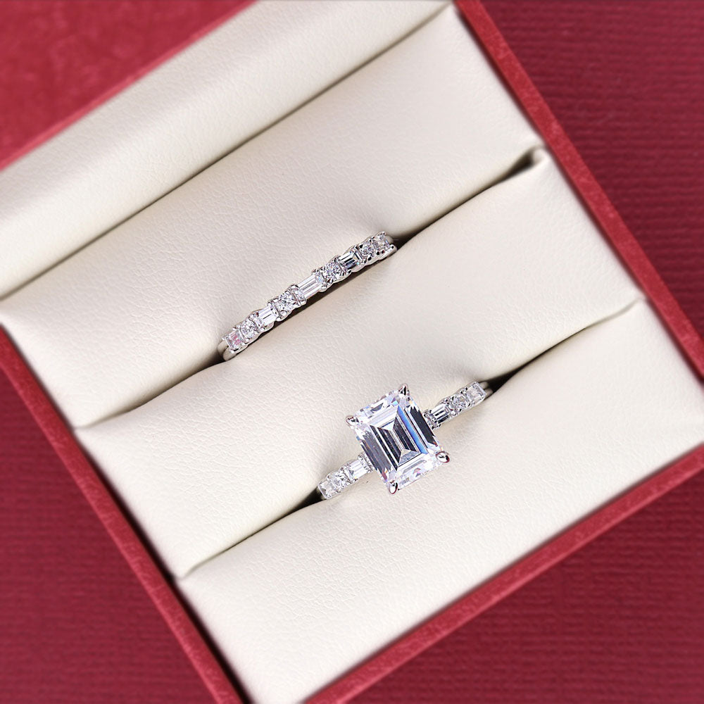 Flatlay view of Solitaire Art Deco 2.1ct Emerald Cut CZ Ring Set in Sterling Silver