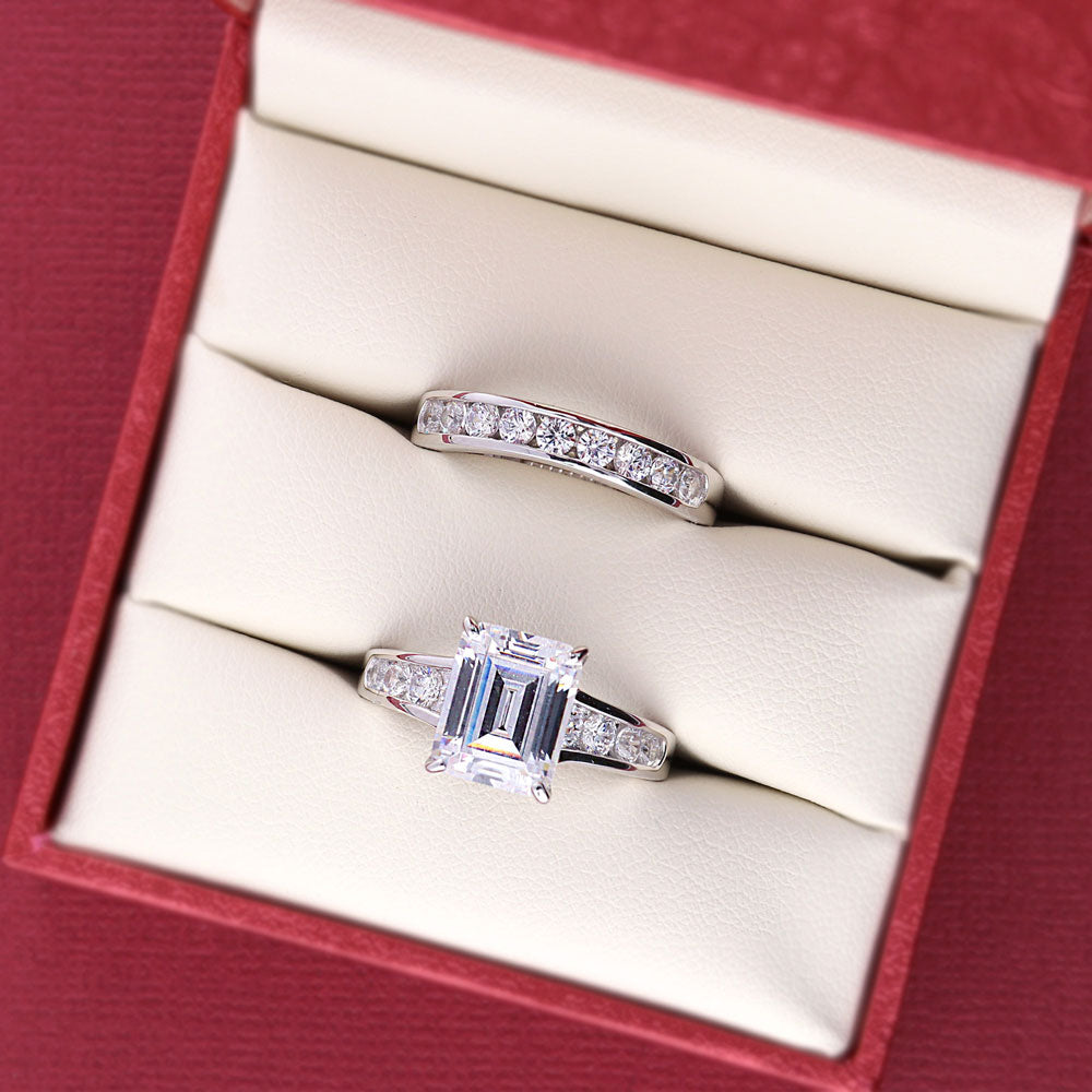 Flatlay view of Solitaire 3.8ct Emerald Cut CZ Statement Ring Set in Sterling Silver