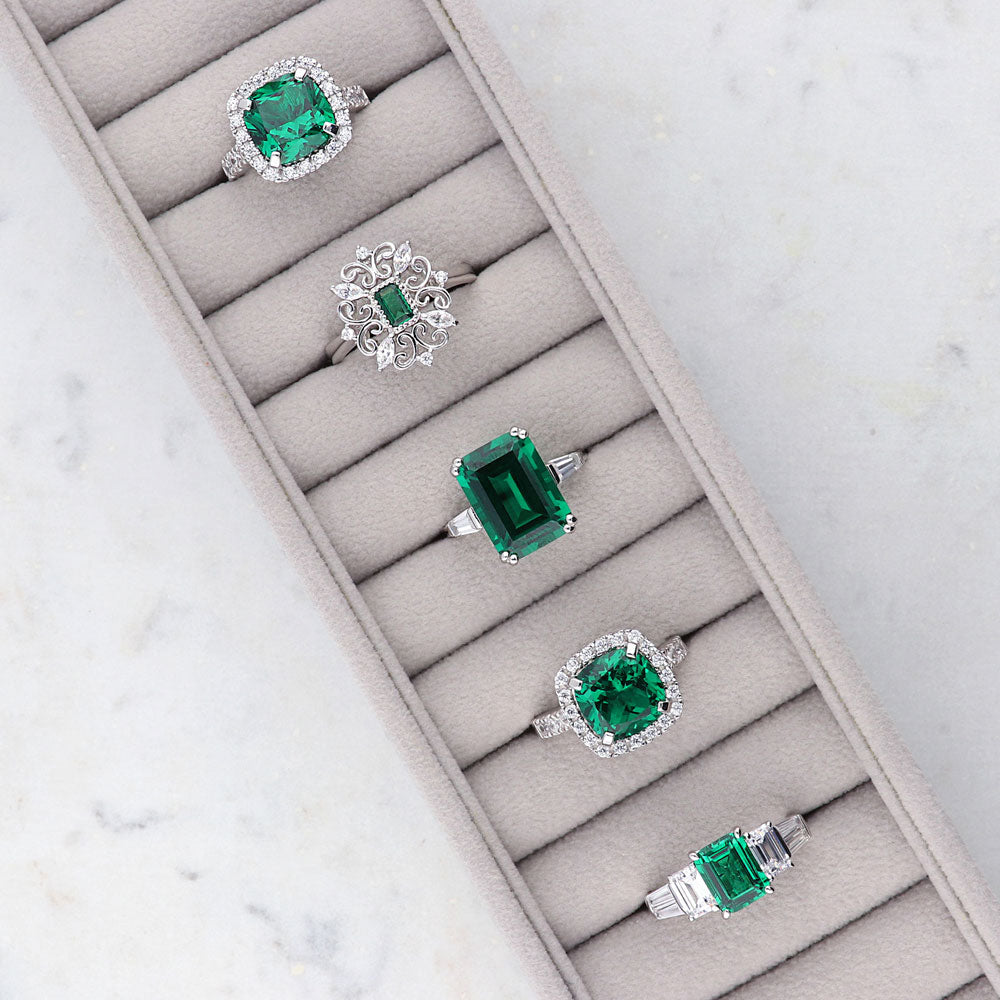 Flatlay view of Solitaire Simulated Emerald CZ Statement Ring in Sterling Silver 8.5ct