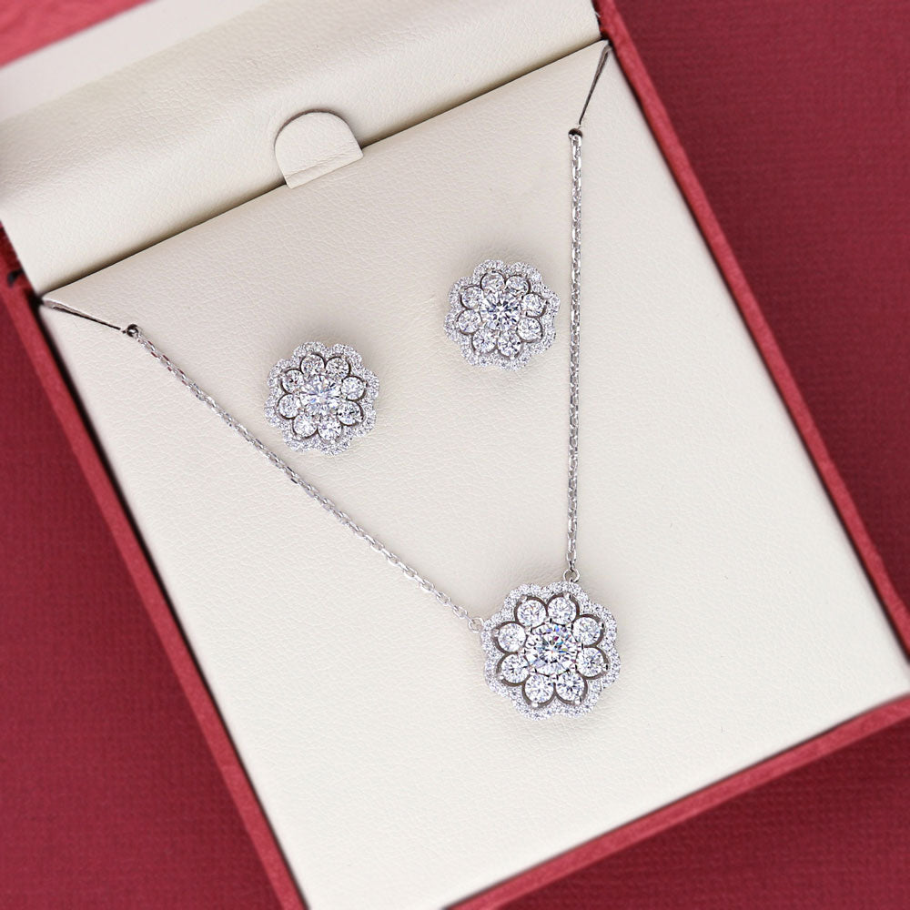 Flatlay view of Flower Halo CZ Pendant Necklace in Sterling Silver, 6 of 10